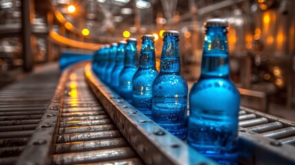 Brewery production line: close-up of beer bottles on conveyor belt in motion