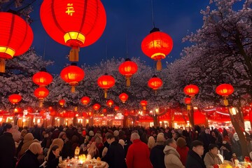 中国の旧正月（春節）の景色、たくさんの赤い提灯が賑わいを醸し出している