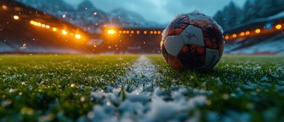 Winter soccer game with frozen ball on field