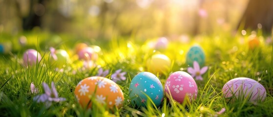 Fototapeta na wymiar Colorful painted Easter eggs hidden in spring meadow grass