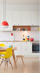 A minimalist kitchen featuring white cabinets, light wood accents, and colorful retro-inspired appliances.