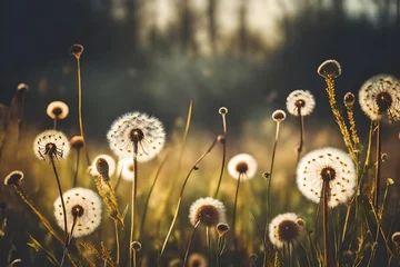 Foto op Plexiglas Vintage photo of Abstract nature background with wild flowers and plants dandelions, filter © MISHAL