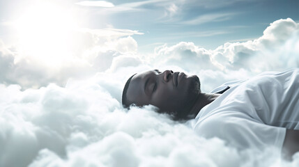 black man sleeping peacefully on soft clouds in the sky