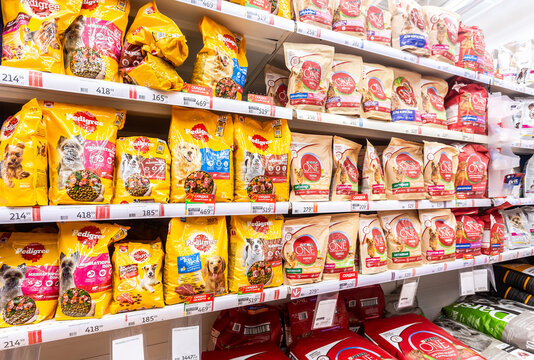 Dog food ready for sale at the superstore. Dog food as background