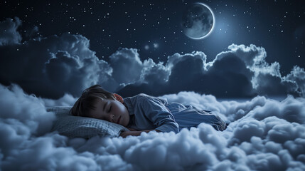 kid sleeping peacefully on soft clouds in the sky at night under moon light