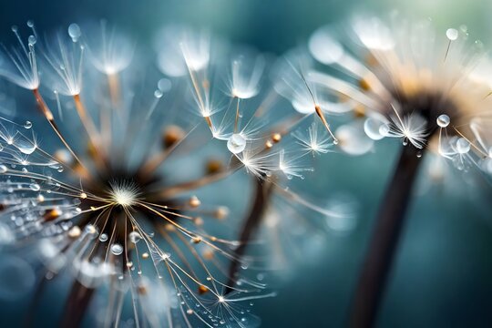 Abstract Dandelion Flower Over Blue Sky Background, Extreme Closeup With Soft Focus, Beautiful Spring Nature Details