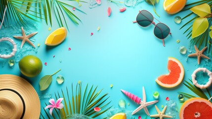 A colorful flat lay of summer essentials, including citrus fruits, sunglasses, and a straw hat, arranged on a bright turquoise surface for a beach day vibe