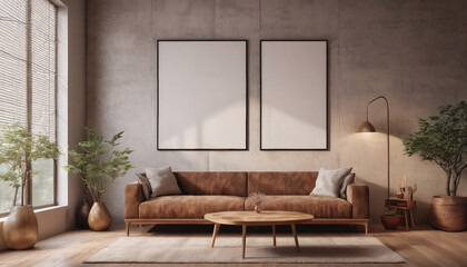 mock up poster frame in modern interior background gray sofa wood floor, living room, Scandinavian style,