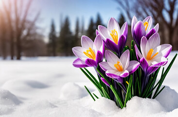 Beautiful crocus flowers in snow, closeup. Spring time