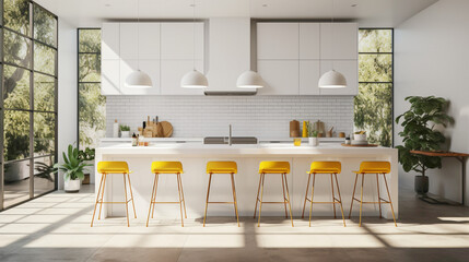 A minimalist kitchen with floor-to-ceiling windows, a white subway tile backsplash, and vibrant yellow bar stools.