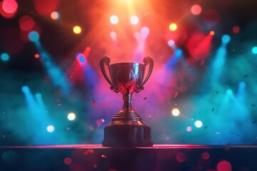 eSports championship trophy glowing in victory on gaming table