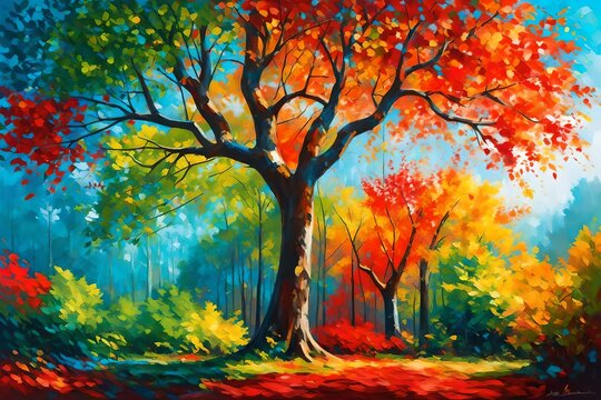 Abstract colorful oil painting landscape on canvas. Semi- abstract of tree in forest. Green and red leaves with blue sky. Spring ,summer season nature background. Hand painted Impressionist style