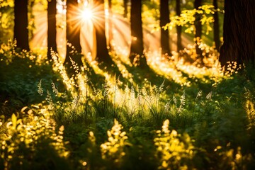 An abstract background image featuring the beauty and magic of nature with the sun light streaming through the shaded forest lighting up the delicate grass heads leaving a beautiful blur and bokeh 