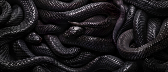 CGI style image of multiple snakes intertwined. Dark moody panoramic graphic resource and background. - obrazy, fototapety, plakaty