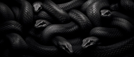 CGI style image of multiple snakes intertwined. Dark moody panoramic graphic resource and background. - obrazy, fototapety, plakaty
