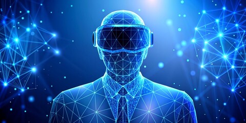 VR headset holographic low poly wireframe vector banner. Polygonal man wearing virtual reality glasses, helmet. VR games playing. Particles, dots, lines, triangles on blue background. Neon light.