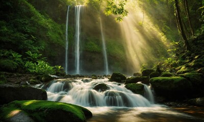 Fototapeta na wymiar Jungle waterfall cascade in tropical rainforest, amazing nature