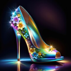 Vivid digital art glowing iridescent high heel, intricate flowers by ai generated
