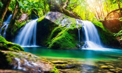 Obraz premium Jungle waterfall cascade in tropical rainforest, amazing nature