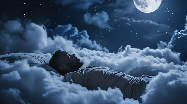 black man sleeping peacefully on soft clouds in the sky at night under moon light