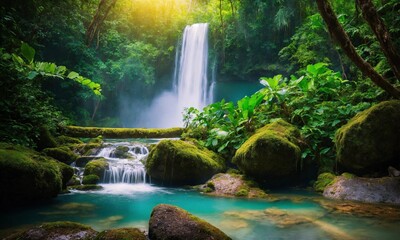 Jungle waterfall cascade in tropical rainforest, amazing nature