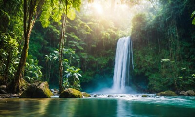 Fototapeta na wymiar Hidden rain forest waterfall with lush foliage and mossy rocks, amazing nature