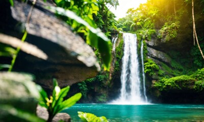 Hidden rain forest waterfall with lush foliage and mossy rocks, amazing nature