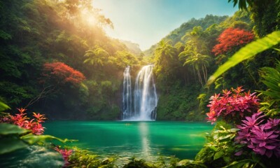 Fototapeta na wymiar Hidden rain forest waterfall with lush foliage and mossy rocks, amazing nature