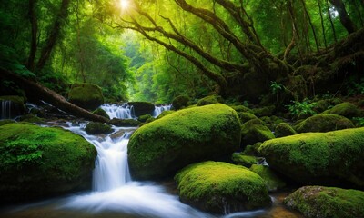 Hidden rain forest waterfall with lush foliage and mossy rocks, amazing nature