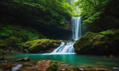 Fototapeta premium Hidden rain forest waterfall with lush foliage and mossy rocks, amazing nature