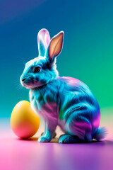Fototapeta na wymiar Festive spring background with rainbow Easter rabbit and eggs on pastel spectral background.