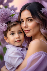 Happy Mother hugs his son lilac blossoms background.