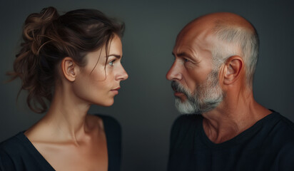 Fototapeta premium Portrait of a father and daughter looking at each other. An elderly man and a young woman.