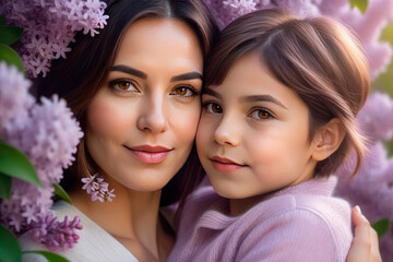 Obraz premium Happy Mother hugs his son lilac blossoms background.