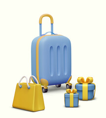 3D suitcase, shopping bag, gift boxes. Creative vector poster with place for logo, text