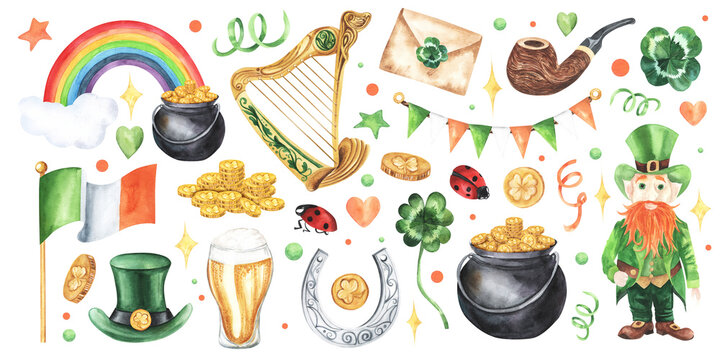 Happy Saint Patrick's Day set. Lucky charms, traditional party symbols - pot of gold, hat, beer and horseshoe, clover. For banner, invitation, design template. Watercolor, cut out white background.