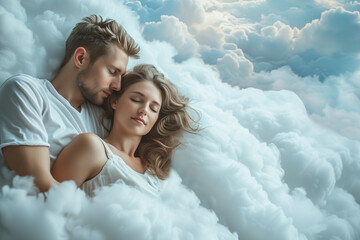 man and woman sleeping peacefully and cuddling on soft clouds in the sky