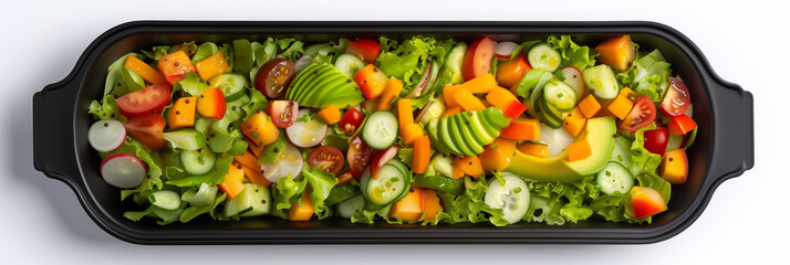 Healthy dietary catering in oblong black box with round corners,