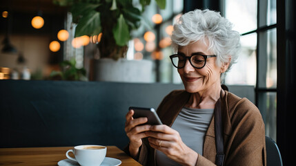 A happy senior woman is sitting in coffee shop and smiling at the phone.