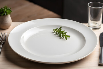 Clean empty white plate with knife and fork design.