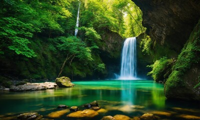 Waterfall river stream in green nature forest landscape, amazing nature