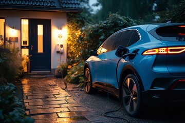 A digital car charging outside home in night with a big empty space, Generative AI.