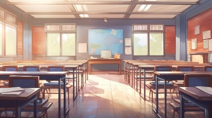 empty school or university classroom with neat desks, black chalkboard and chairs. Cartoon or anime watercolor painting illustration style.