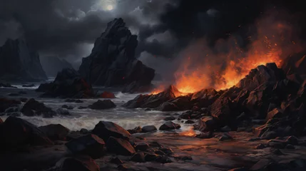 Tuinposter A dark and stormy scene with a fire and rocks © Waji