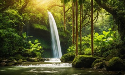 Panoramic photo landscape / Waterfall hidden in the tropical jungle, amazing nature