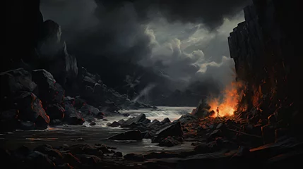 Rolgordijnen A dark and stormy scene with a fire and rocks © Waji