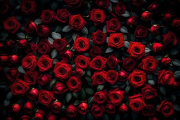 red roses background, A mesmerizing display of natural fresh red roses forms a stunning pattern against a white background. Viewed from the top, the roses create a beautiful tapestry of color and text