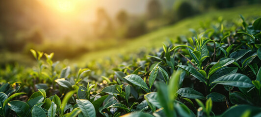 Fresh Tea Leaves in Sunlit Plantation Field