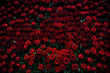 red rose petals background, A mesmerizing display of natural fresh red roses forms a stunning pattern against a white background. Viewed from the top, the roses create a beautiful tapestry of color an