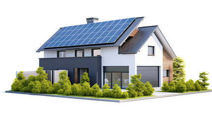 https://s.mj.run/Fi0XFvju0ZQ Modern house with garage and solar panels on roof, isolated on white background --ar 16:9 --v 5.2 Job ID: 3b07c96d-8e27-4c37-99e3-eed8483ba69c - obrazy, fototapety, plakaty